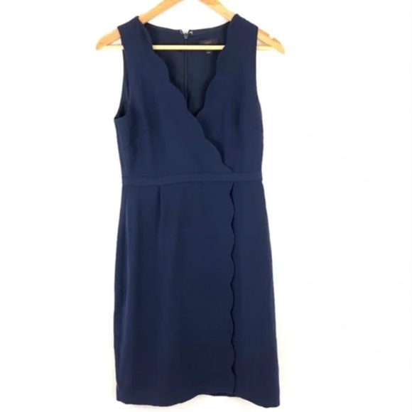 NWT - J.Crew Scallop Hem Faux Wrap Crepe Dress Navy Blue - Size : 00 - Picture 1 of 9